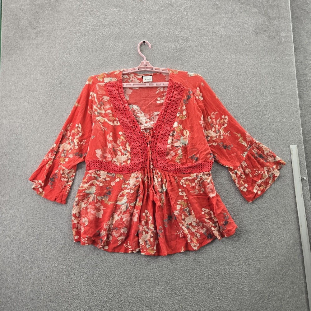 Torrid Women Blouse 3 OrangeFloral Peplum Lace Button V-Neck Front Gauze Crochet
